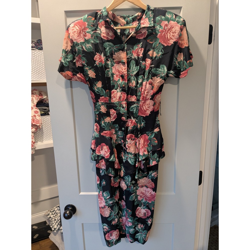 Vintage Karen Alexander Floral Print Dress Ruffle Hem Short Sleeve‎ Midi (Read)